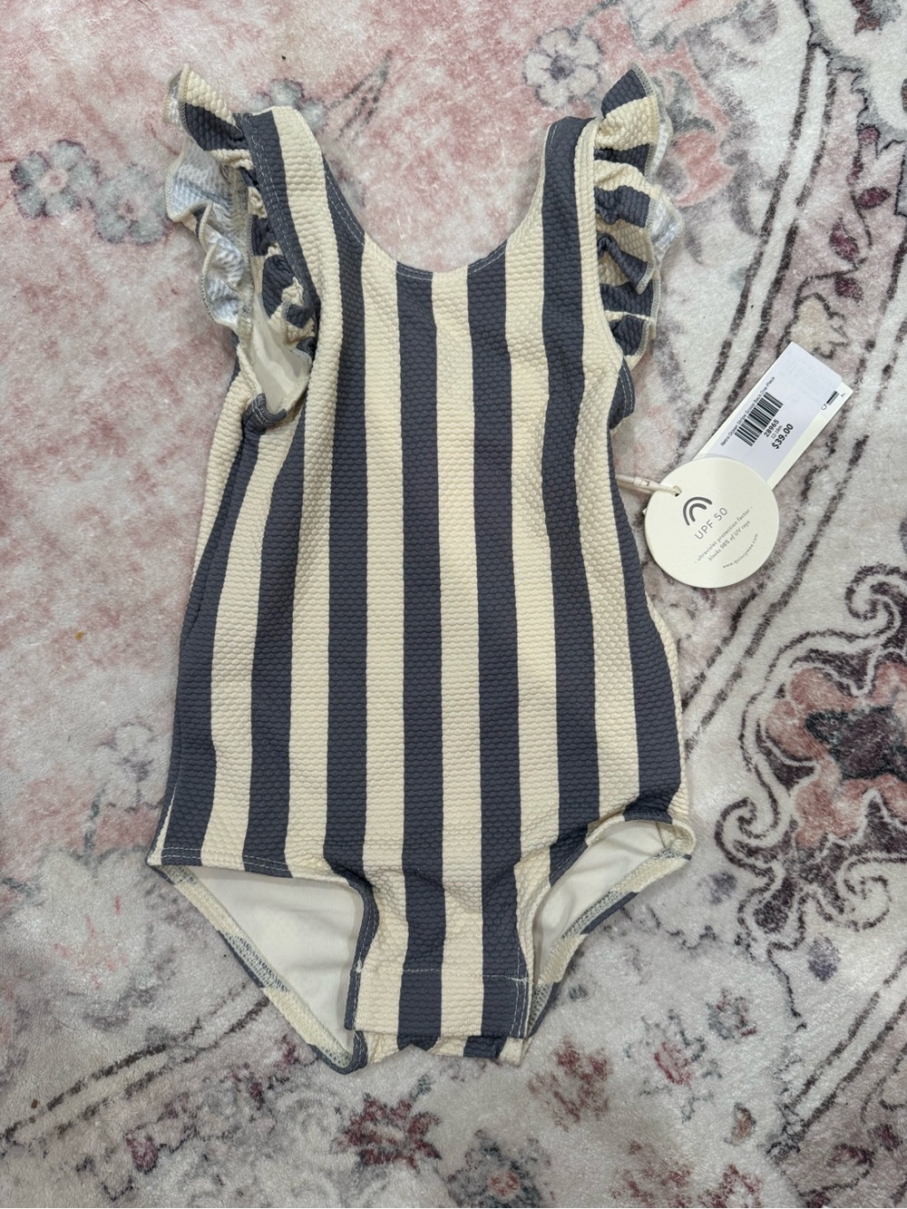 Quincy Mae Navy and Cream Striped Ruffle One-Piece Swimsuit